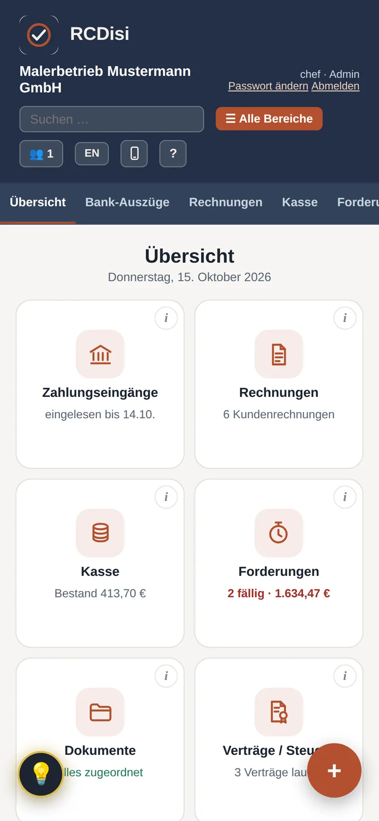 Dieselbe Übersicht am Handy: zwei Kacheln je Reihe